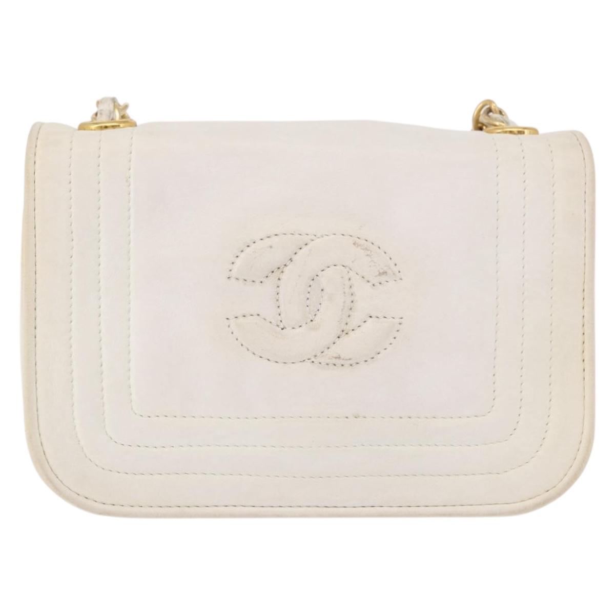 CHANEL Chain Shoulder Bag Lamb Skin White Gold CC Auth 186589A