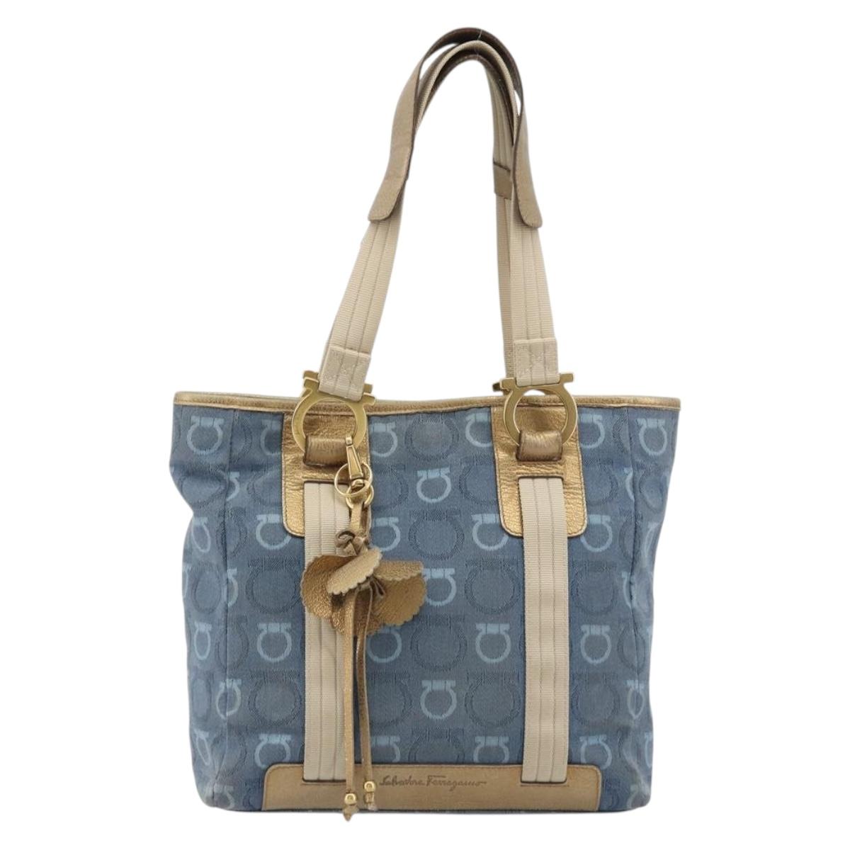 Salvatore Ferragamo Gancini Hand Bag Canvas Blue Gold Auth 186591