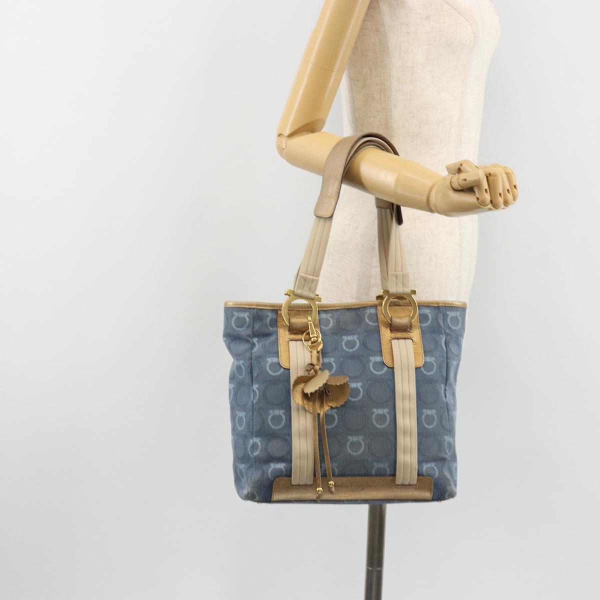 Salvatore Ferragamo Gancini Hand Bag Canvas Blue Gold Auth 186591