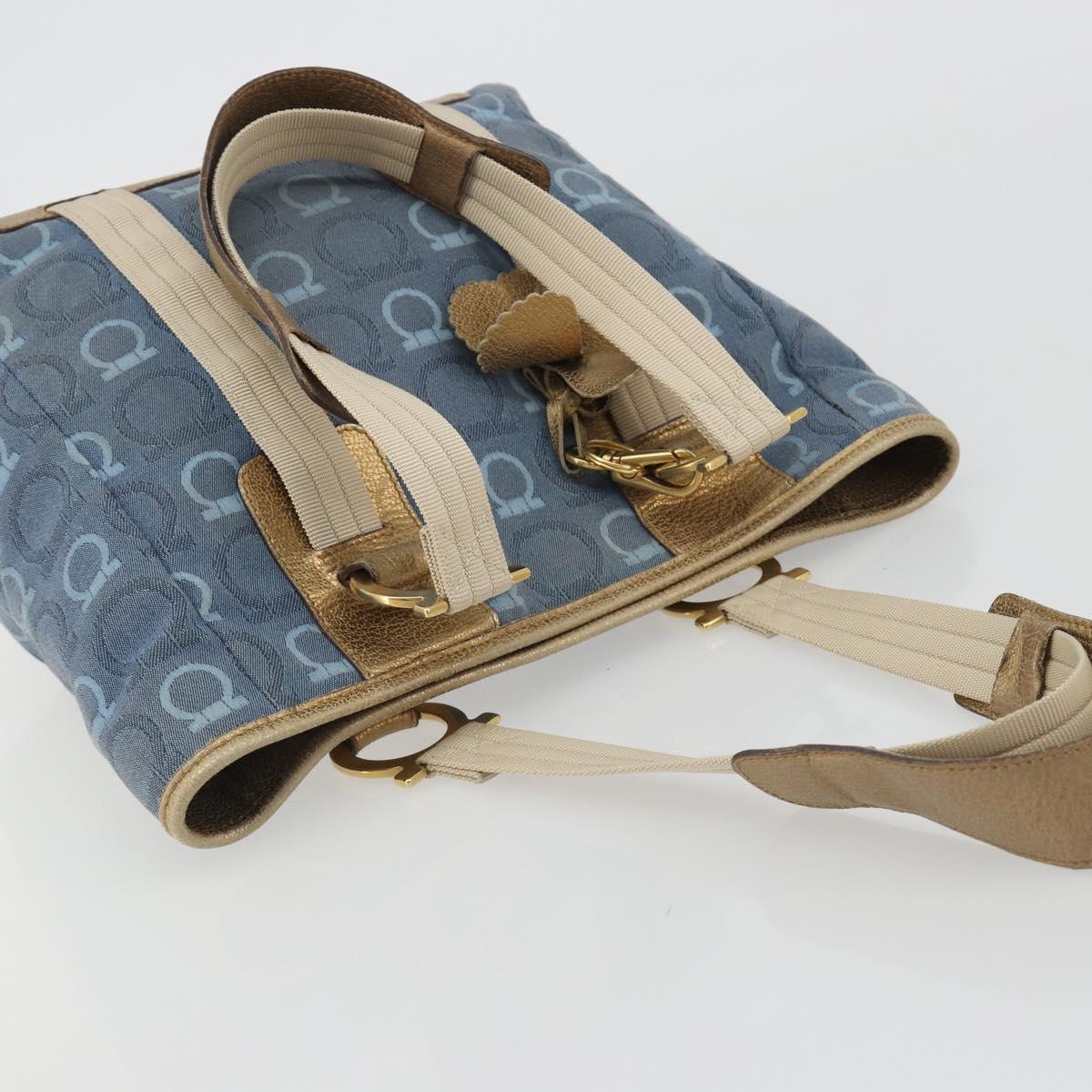 Salvatore Ferragamo Gancini Hand Bag Canvas Blue Gold Auth 186591