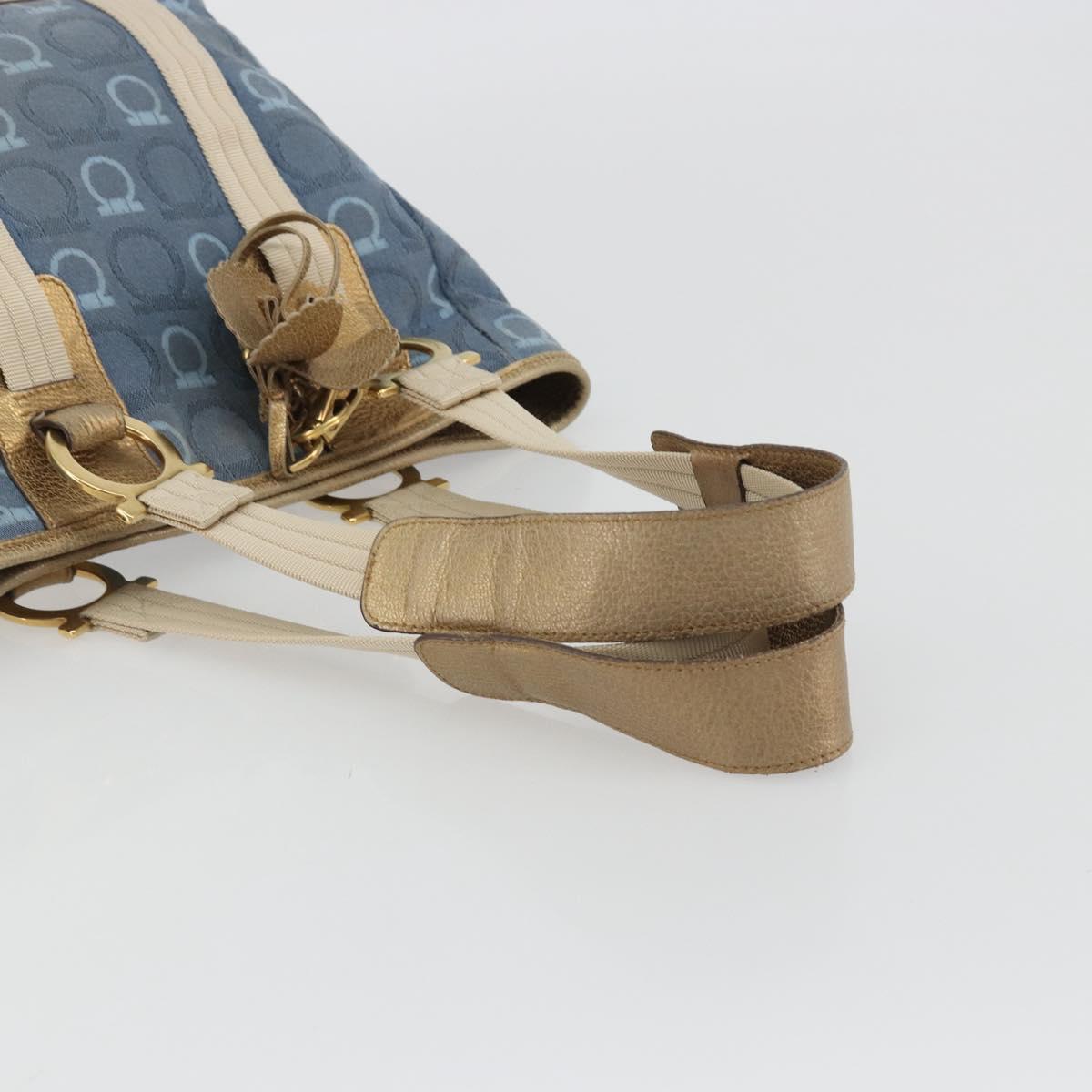 Salvatore Ferragamo Gancini Hand Bag Canvas Blue Gold Auth 186591
