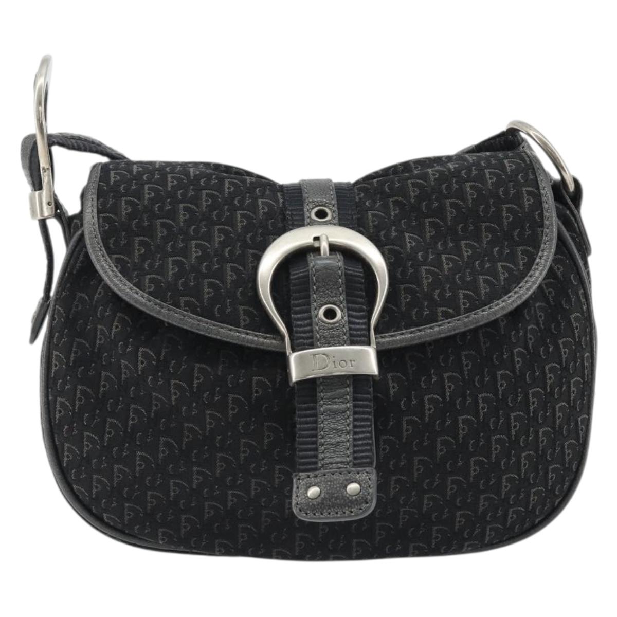 Christian Dior Trotter Canvas Shoulder Bag Black Silver Auth 186592A