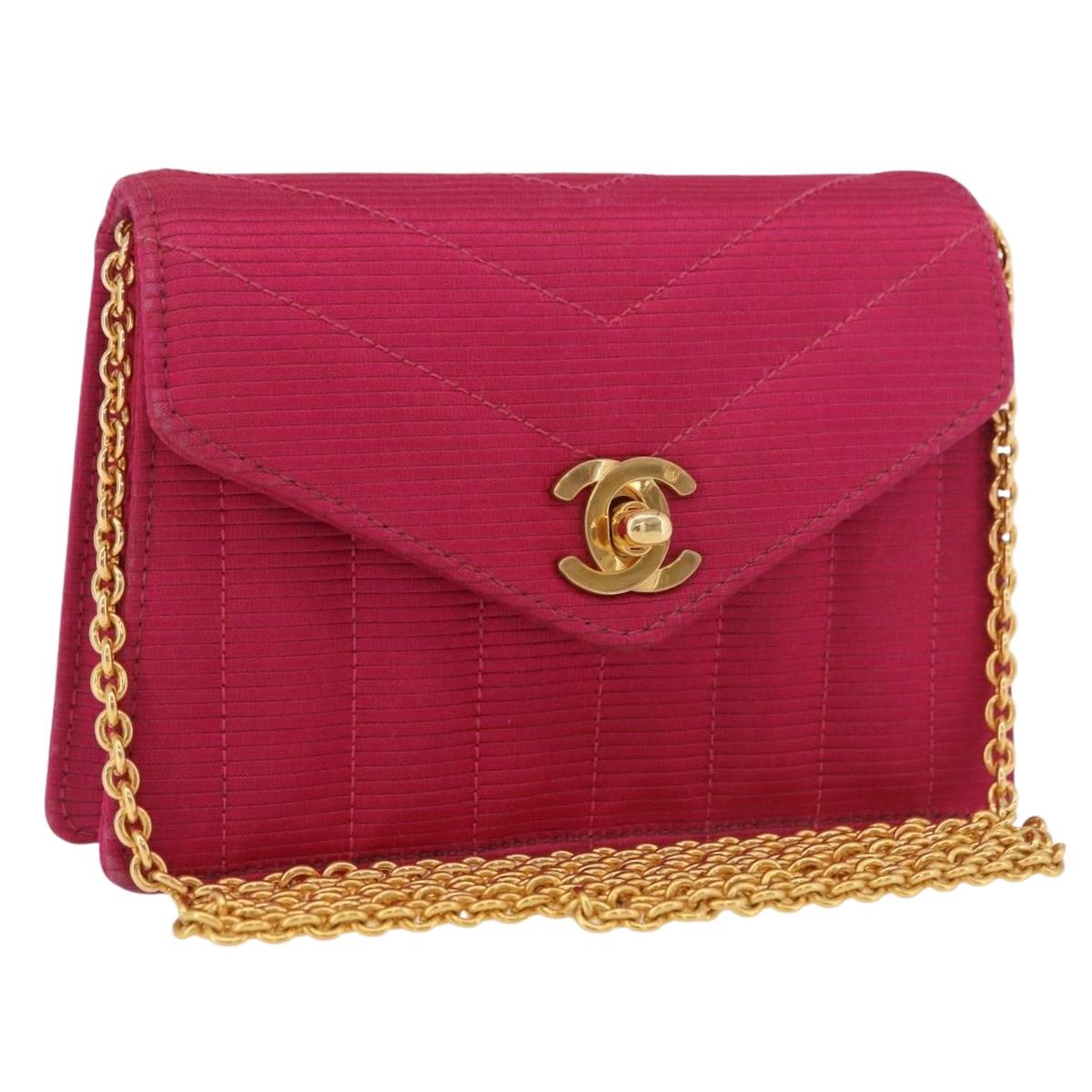 CHANEL V Stitched Chain Shoulder Bag Satin Pink Gold CC Auth 186601