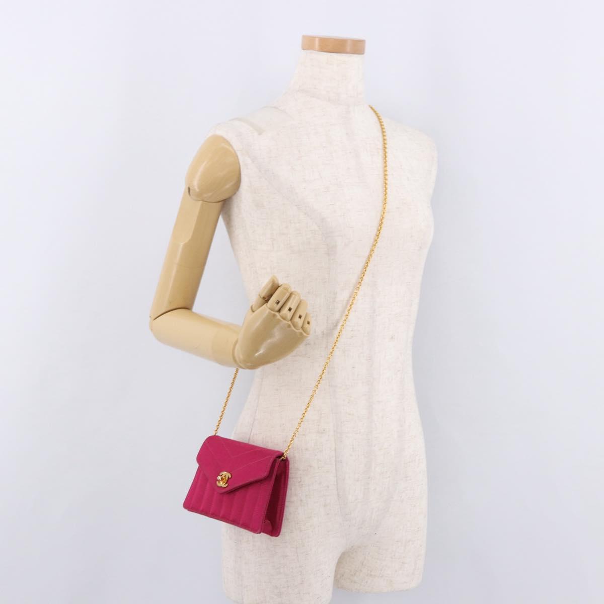 CHANEL V Stitched Chain Shoulder Bag Satin Pink Gold CC Auth 186601