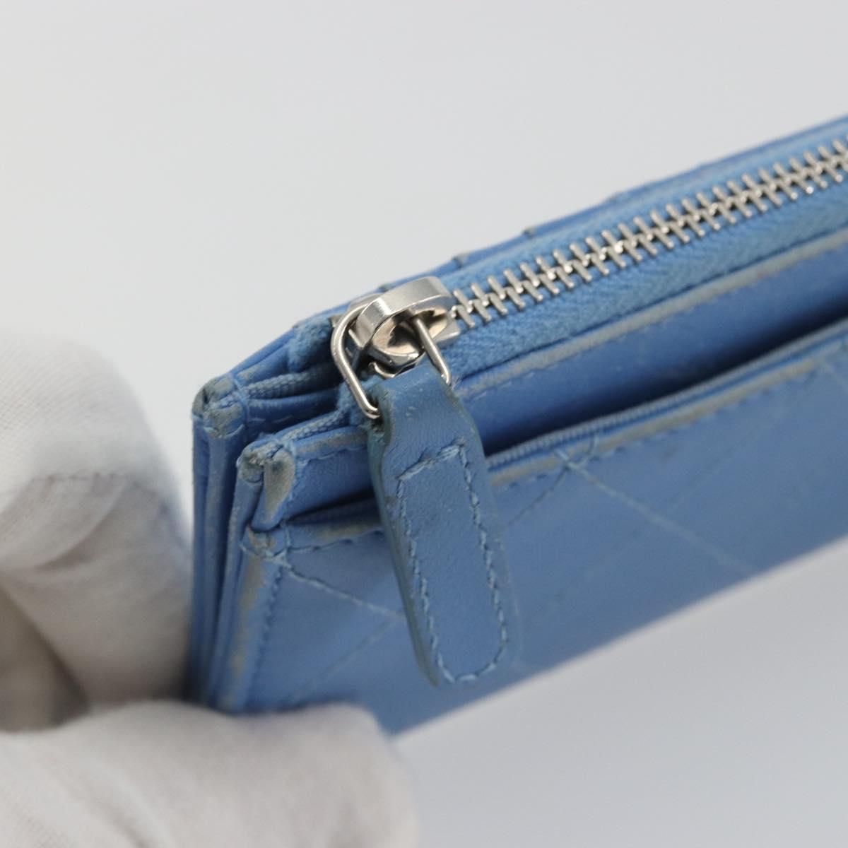 CHANEL Matelasse Coin Purse Leather Light Blue Silver CC Auth 186603
