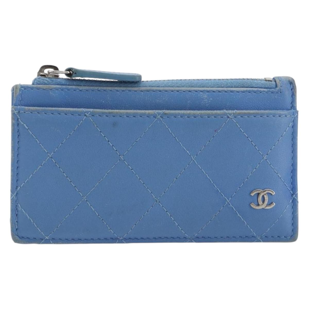 CHANEL Matelasse Coin Purse Leather Light Blue Silver CC Auth 186603