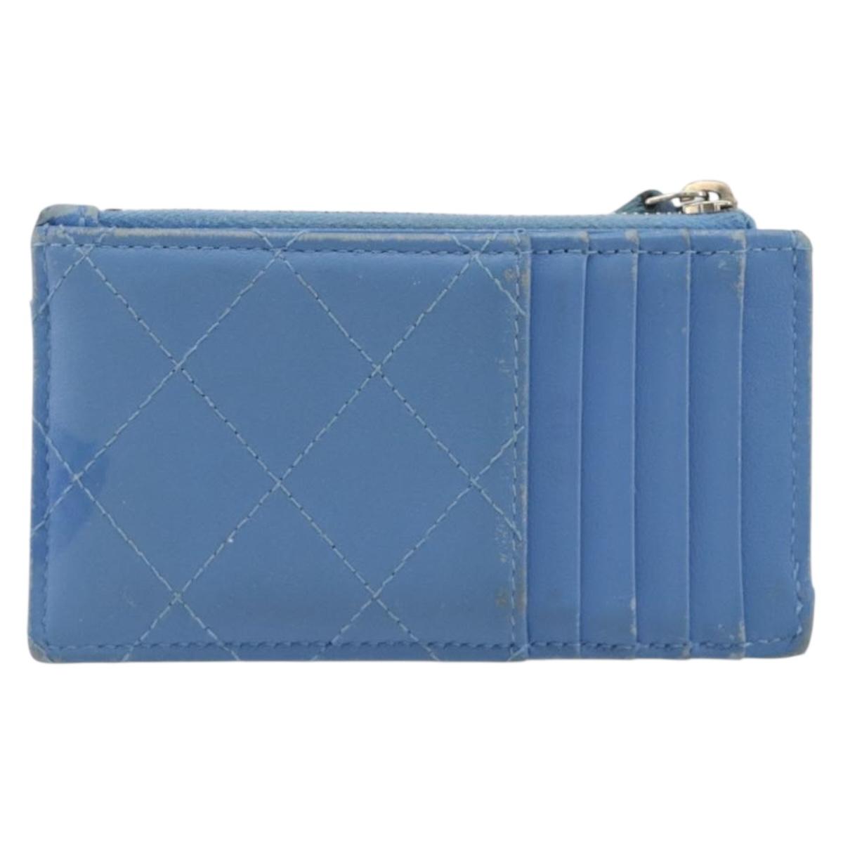 CHANEL Matelasse Coin Purse Leather Light Blue Silver CC Auth 186603