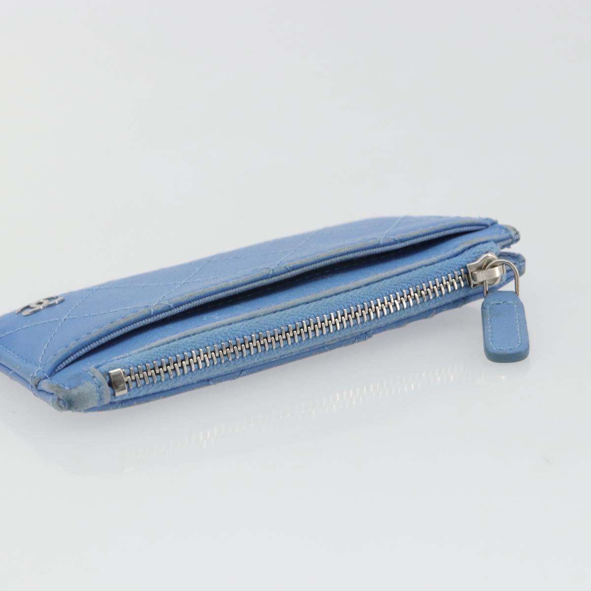 CHANEL Matelasse Coin Purse Leather Light Blue Silver CC Auth 186603