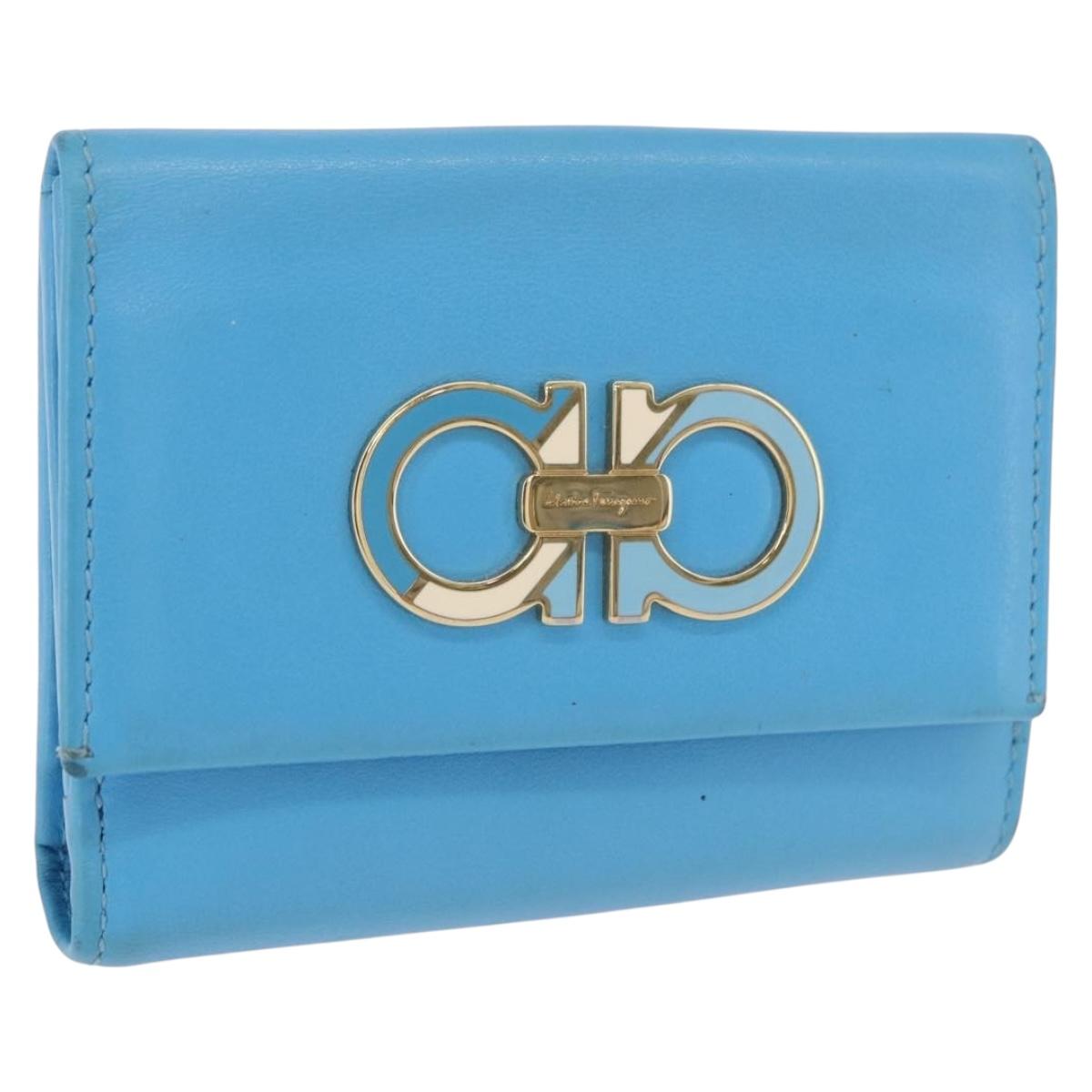 Salvatore Ferragamo Gancini Trifold Wallet Leather Light Blue Gold Auth 186604