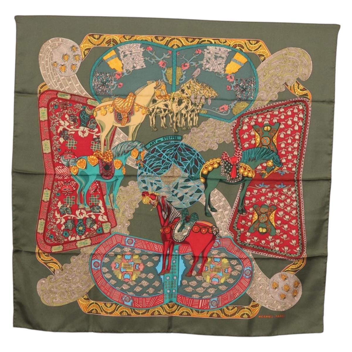HERMES Carre 90 Scarf ""ART des STEPPES"" Silk Khaki Auth 186609