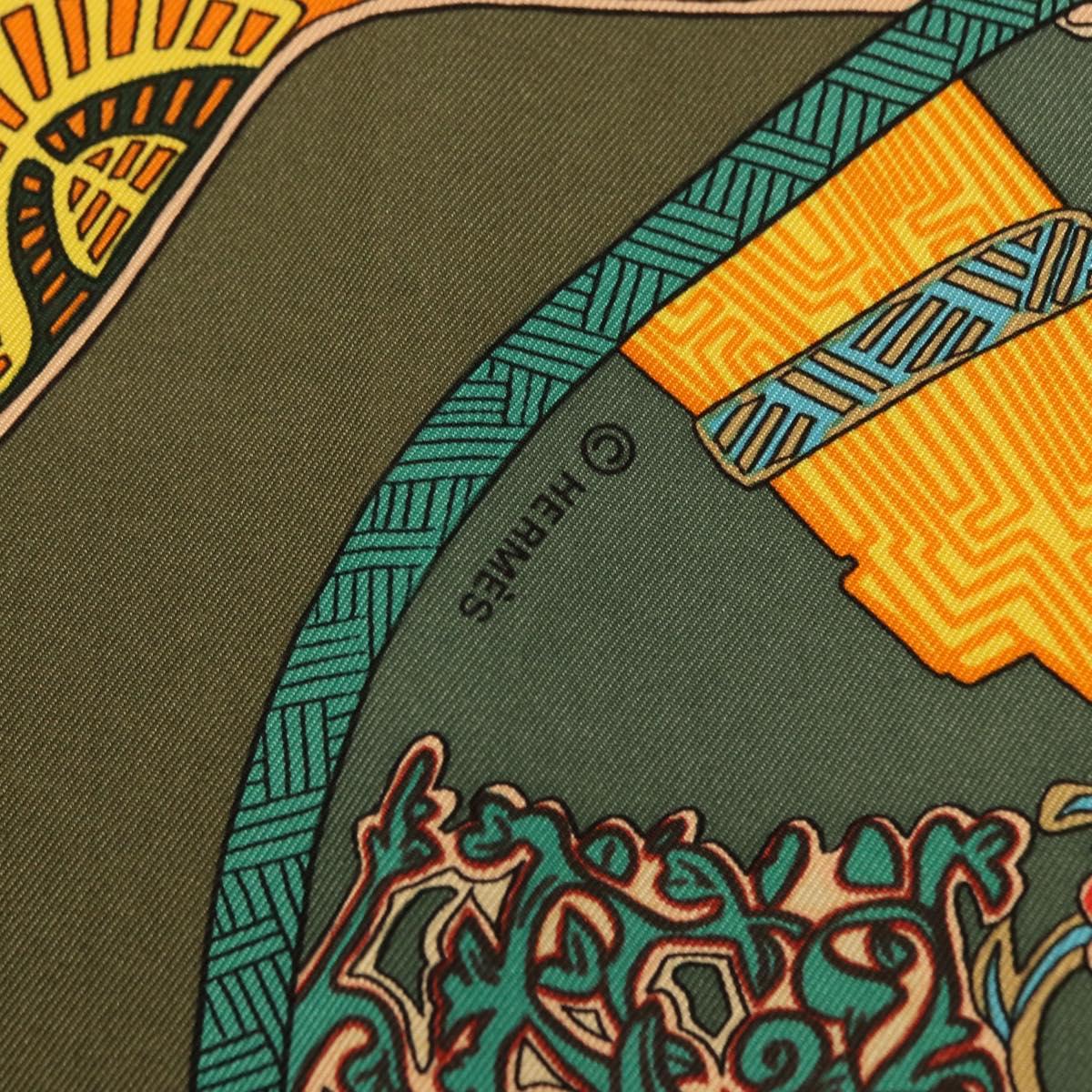HERMES Carre 90 Scarf ""ART des STEPPES"" Silk Khaki Auth 186609