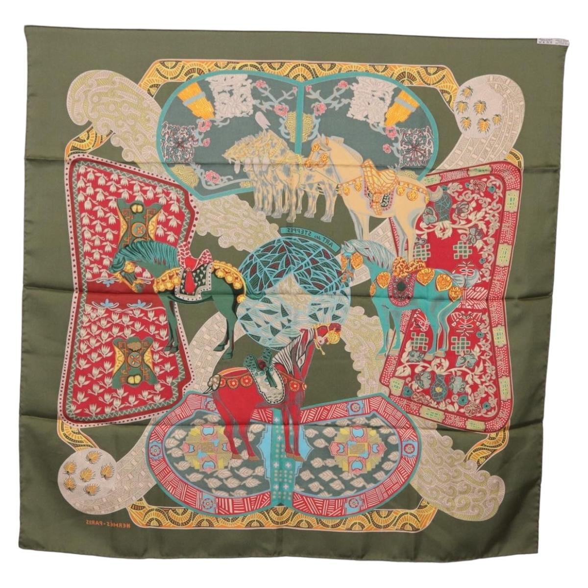 HERMES Carre 90 Scarf ""ART des STEPPES"" Silk Khaki Auth 186609