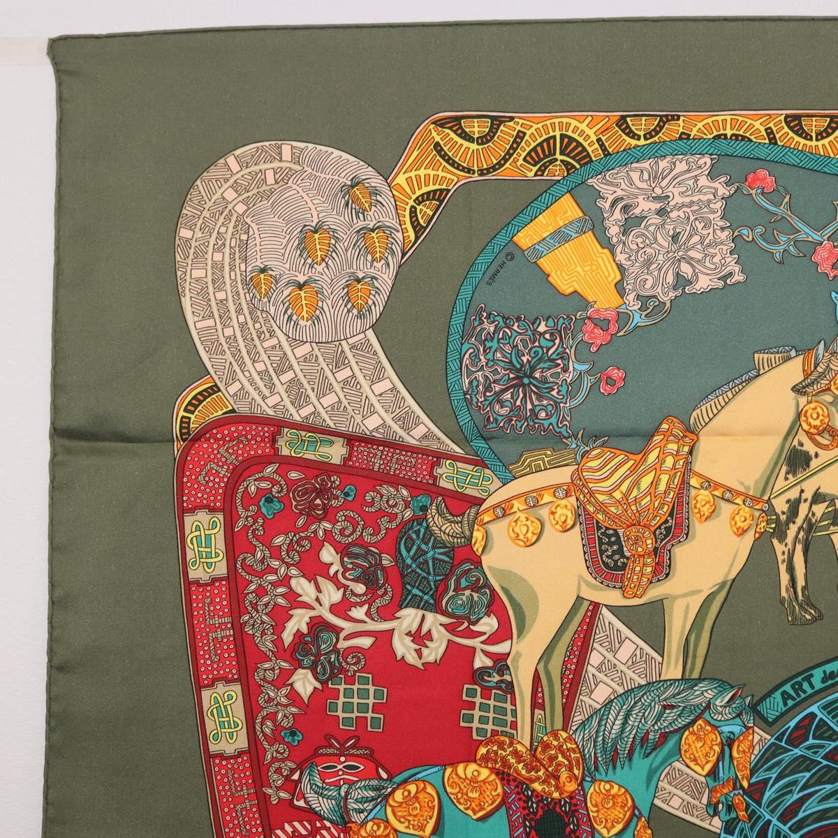 HERMES Carre 90 Scarf ""ART des STEPPES"" Silk Khaki Auth 186609