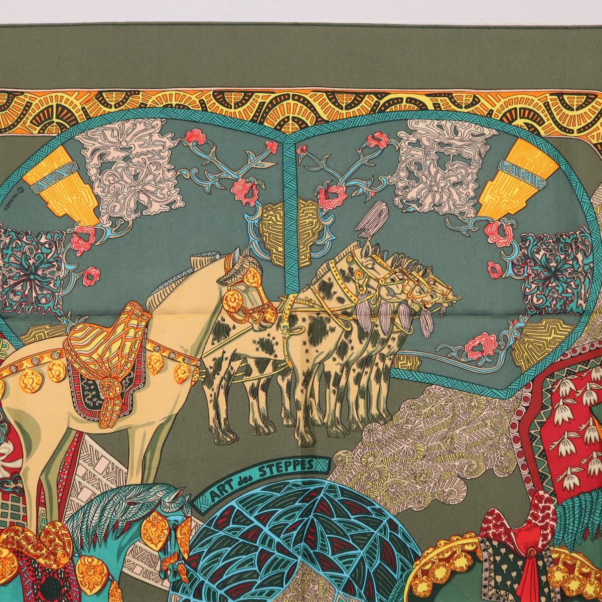 HERMES Carre 90 Scarf ""ART des STEPPES"" Silk Khaki Auth 186609