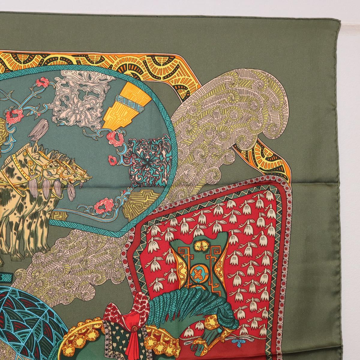 HERMES Carre 90 Scarf ""ART des STEPPES"" Silk Khaki Auth 186609