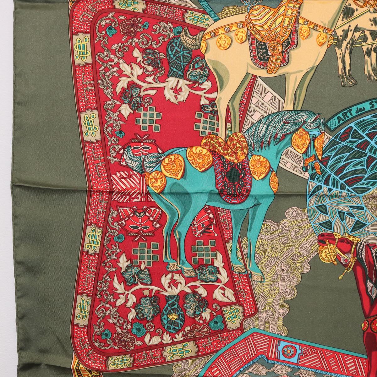 HERMES Carre 90 Scarf ""ART des STEPPES"" Silk Khaki Auth 186609