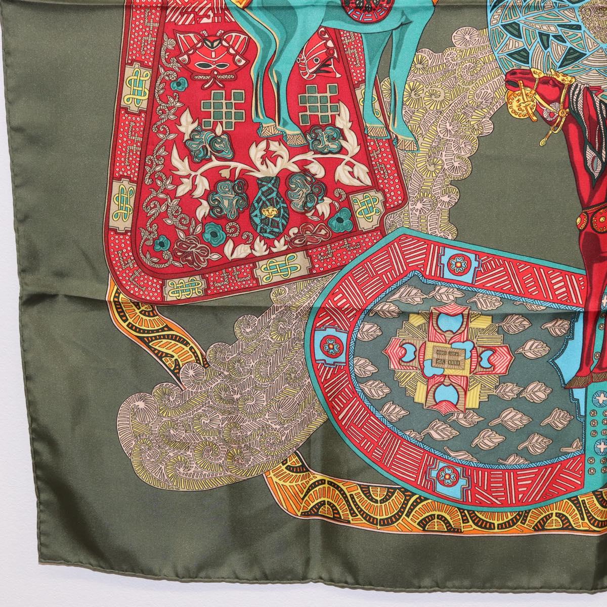 HERMES Carre 90 Scarf ""ART des STEPPES"" Silk Khaki Auth 186609