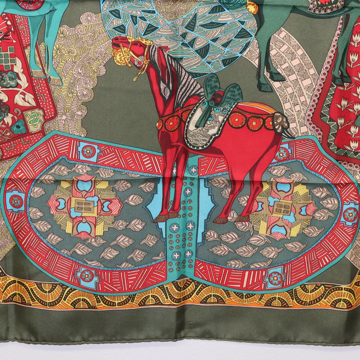 HERMES Carre 90 Scarf ""ART des STEPPES"" Silk Khaki Auth 186609