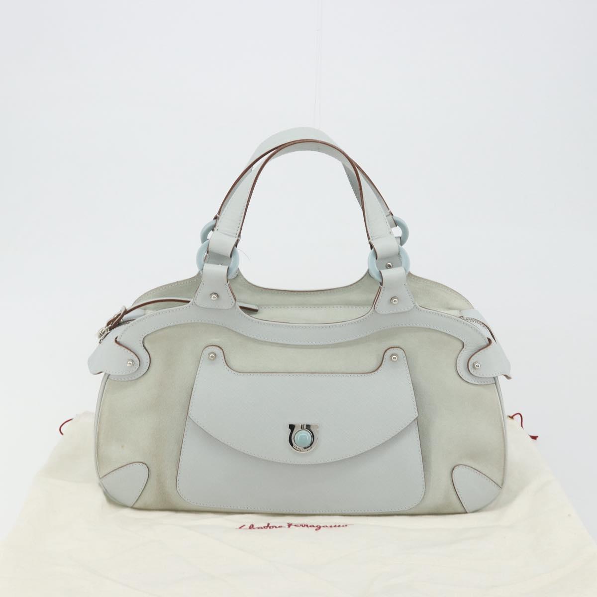 Salvatore Ferragamo Gancini Hand Bag Leather Suede Light Blue Silver Auth 186612