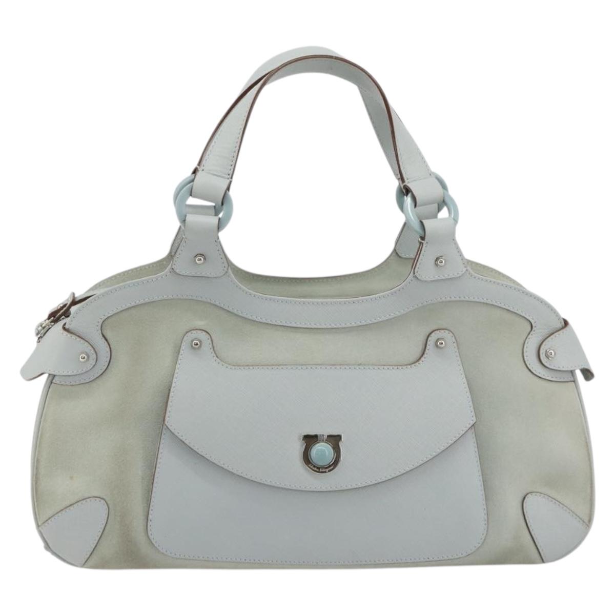 Salvatore Ferragamo Gancini Hand Bag Leather Suede Light Blue Silver Auth 186612