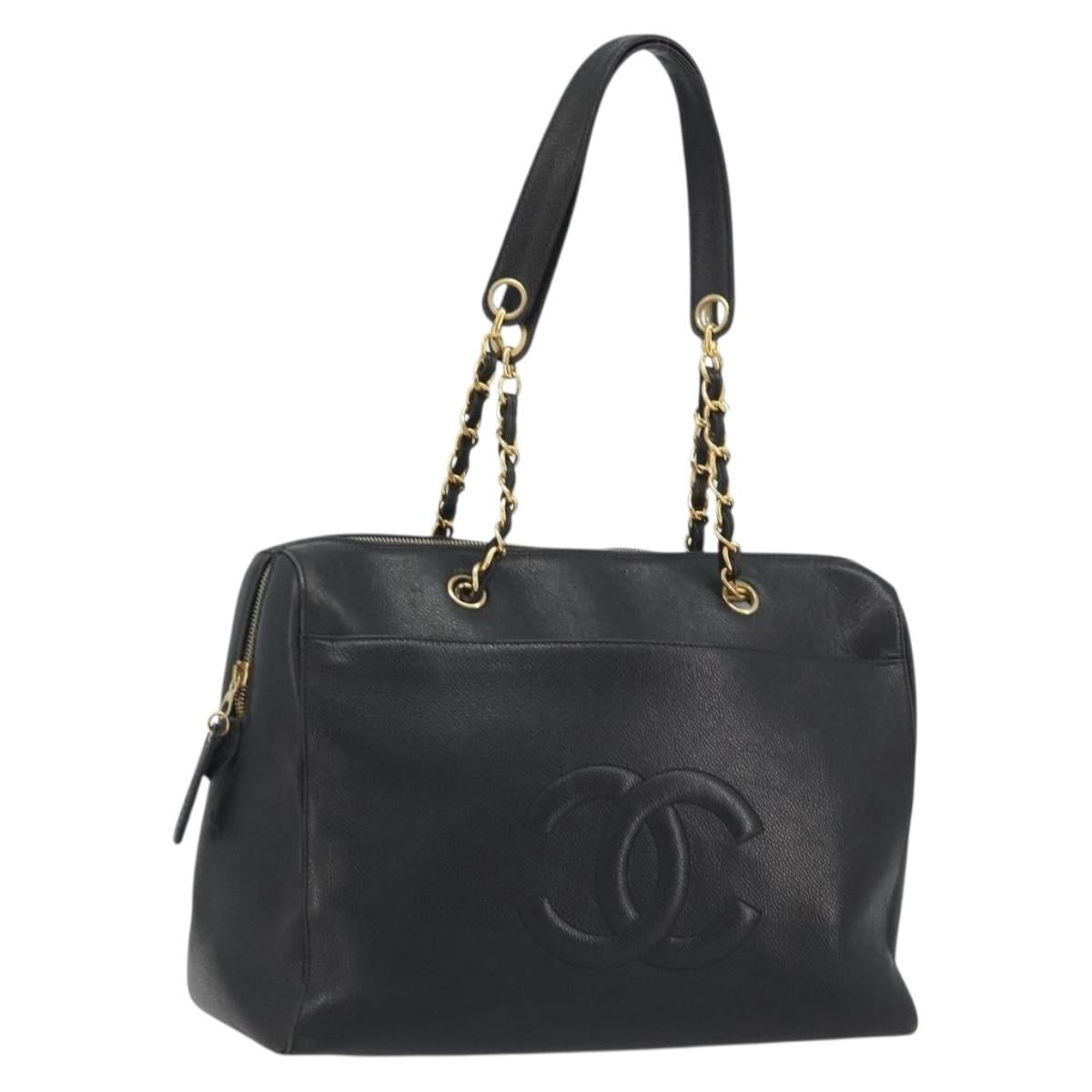 CHANEL Chain Shoulder Bag Caviar Skin Black Gold CC Auth 186613V