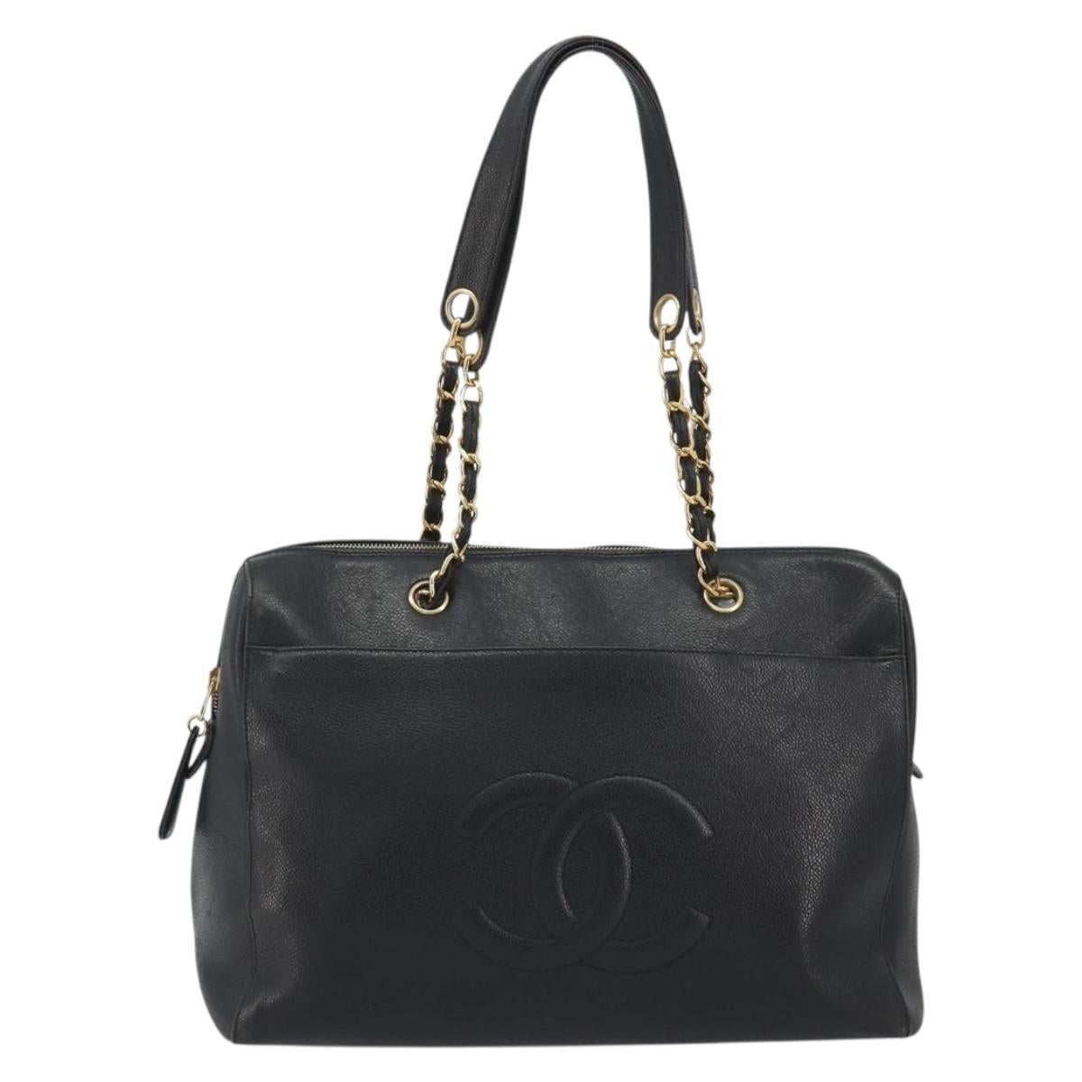 CHANEL Chain Shoulder Bag Caviar Skin Black Gold CC Auth 186613V