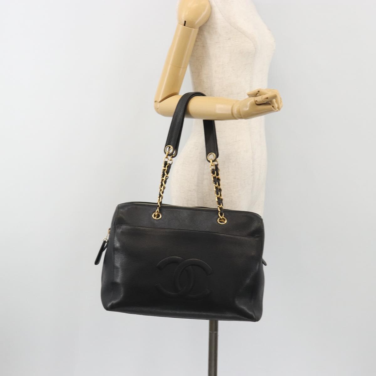 CHANEL Chain Shoulder Bag Caviar Skin Black Gold CC Auth 186613V