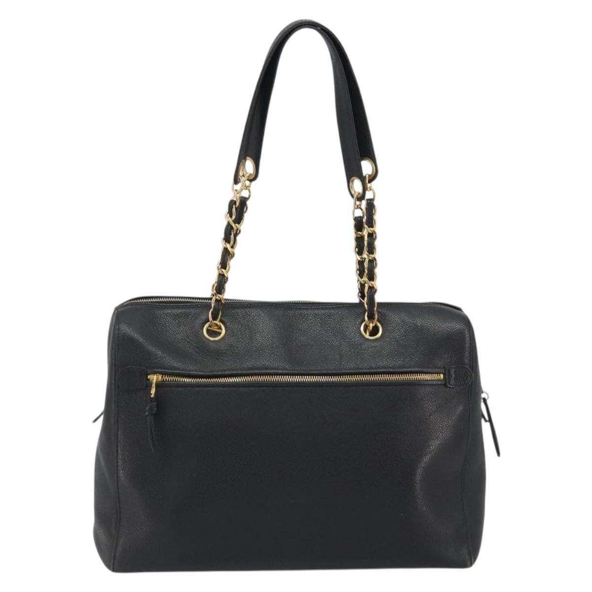 CHANEL Chain Shoulder Bag Caviar Skin Black Gold CC Auth 186613V