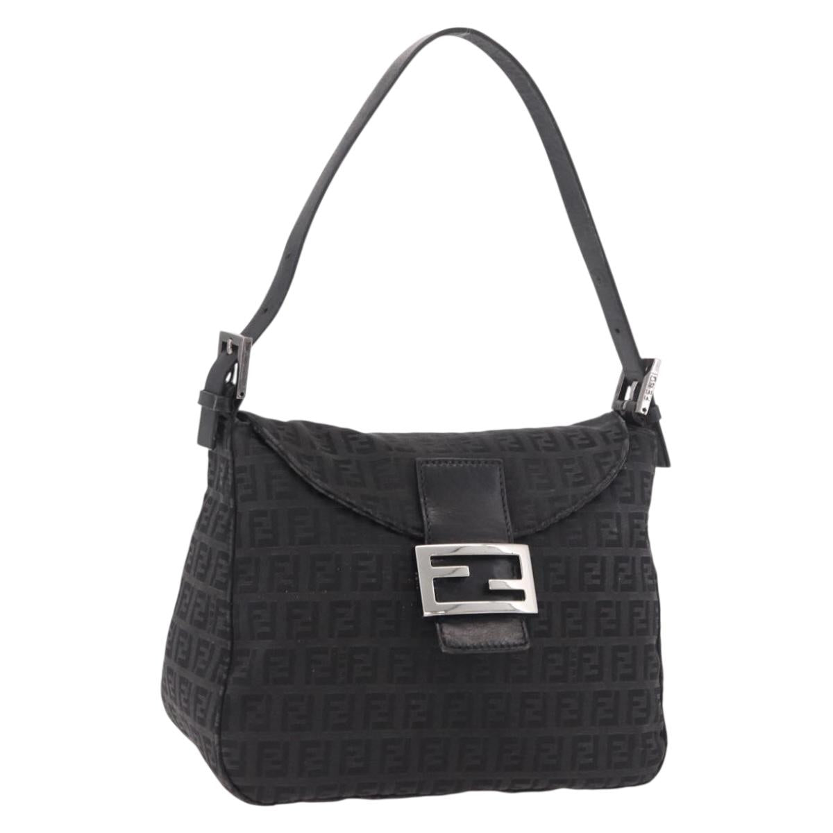 FENDI Zucchino Canvas Mamma Baguette Shoulder Bag Black Silver Auth 186623A
