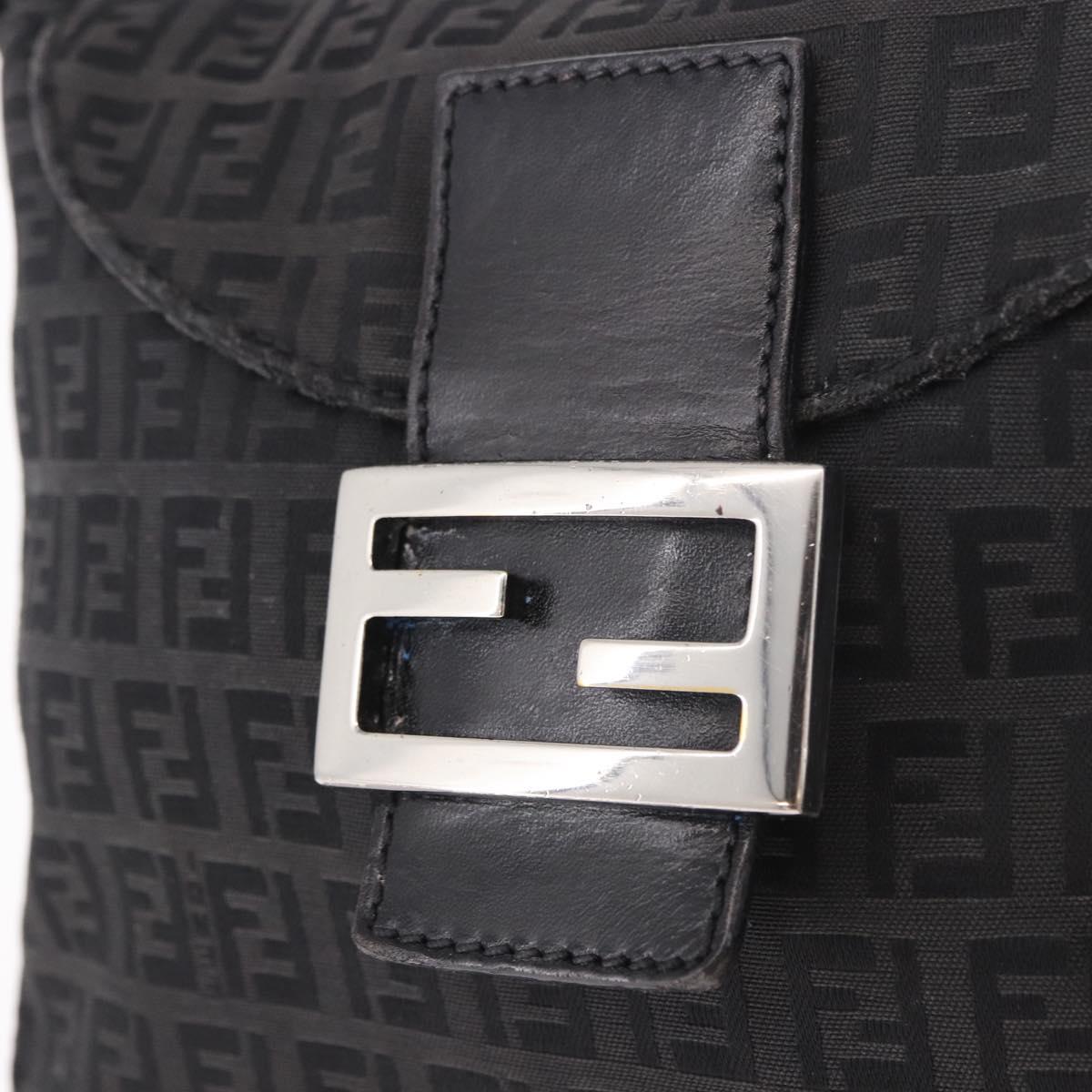 FENDI Zucchino Canvas Mamma Baguette Shoulder Bag Black Silver Auth 186623A