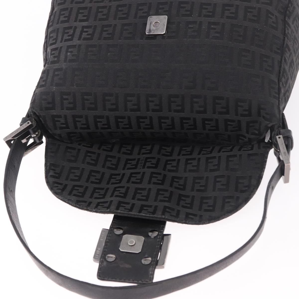FENDI Zucchino Canvas Mamma Baguette Shoulder Bag Black Silver Auth 186623A