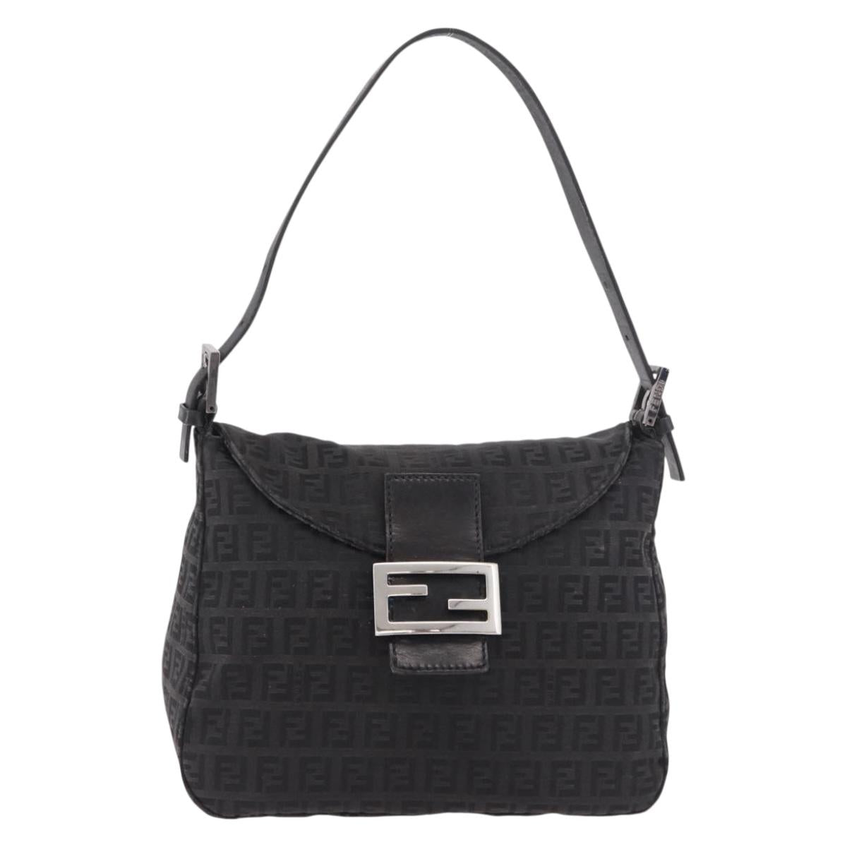 FENDI Zucchino Canvas Mamma Baguette Shoulder Bag Black Silver Auth 186623A
