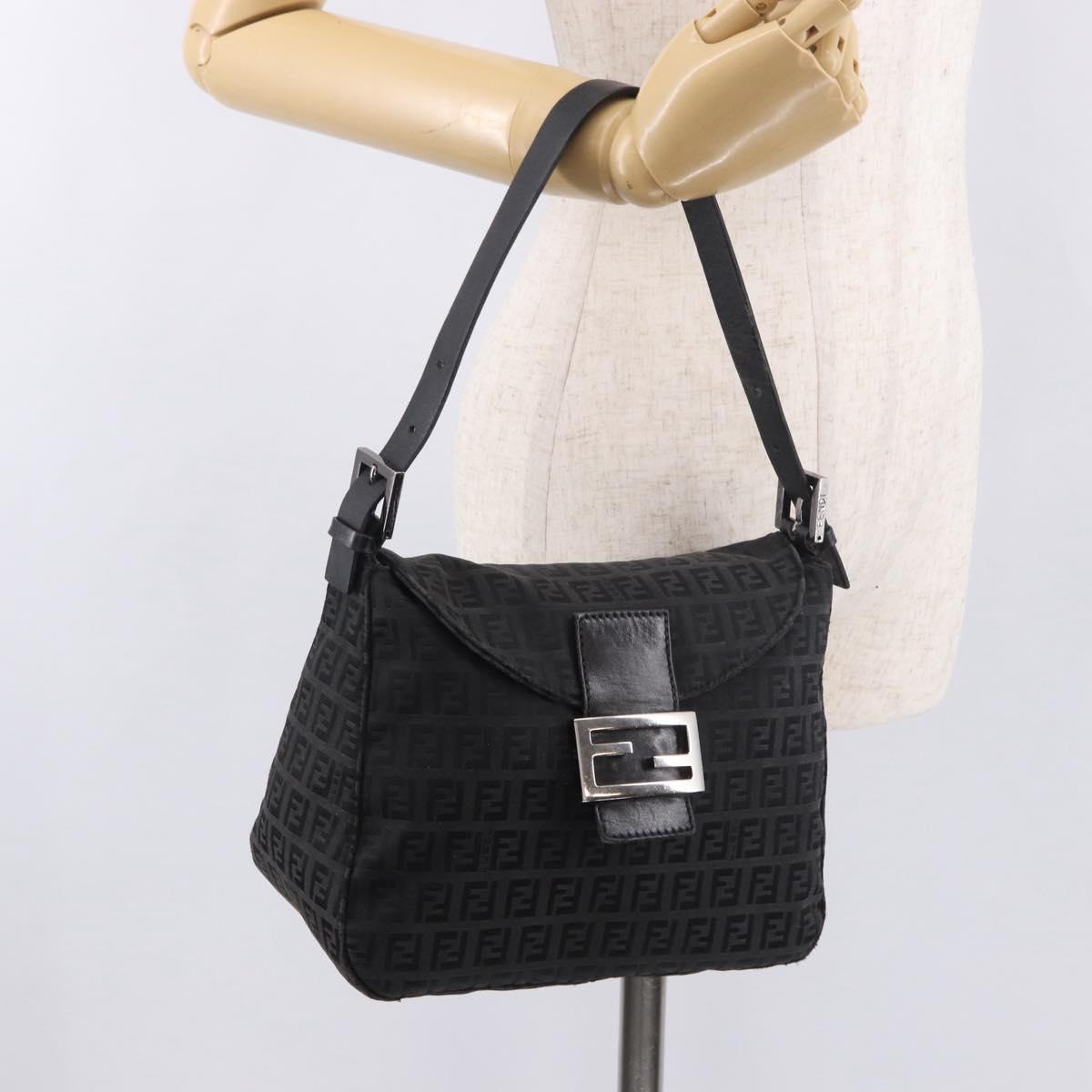 FENDI Zucchino Canvas Mamma Baguette Shoulder Bag Black Silver Auth 186623A
