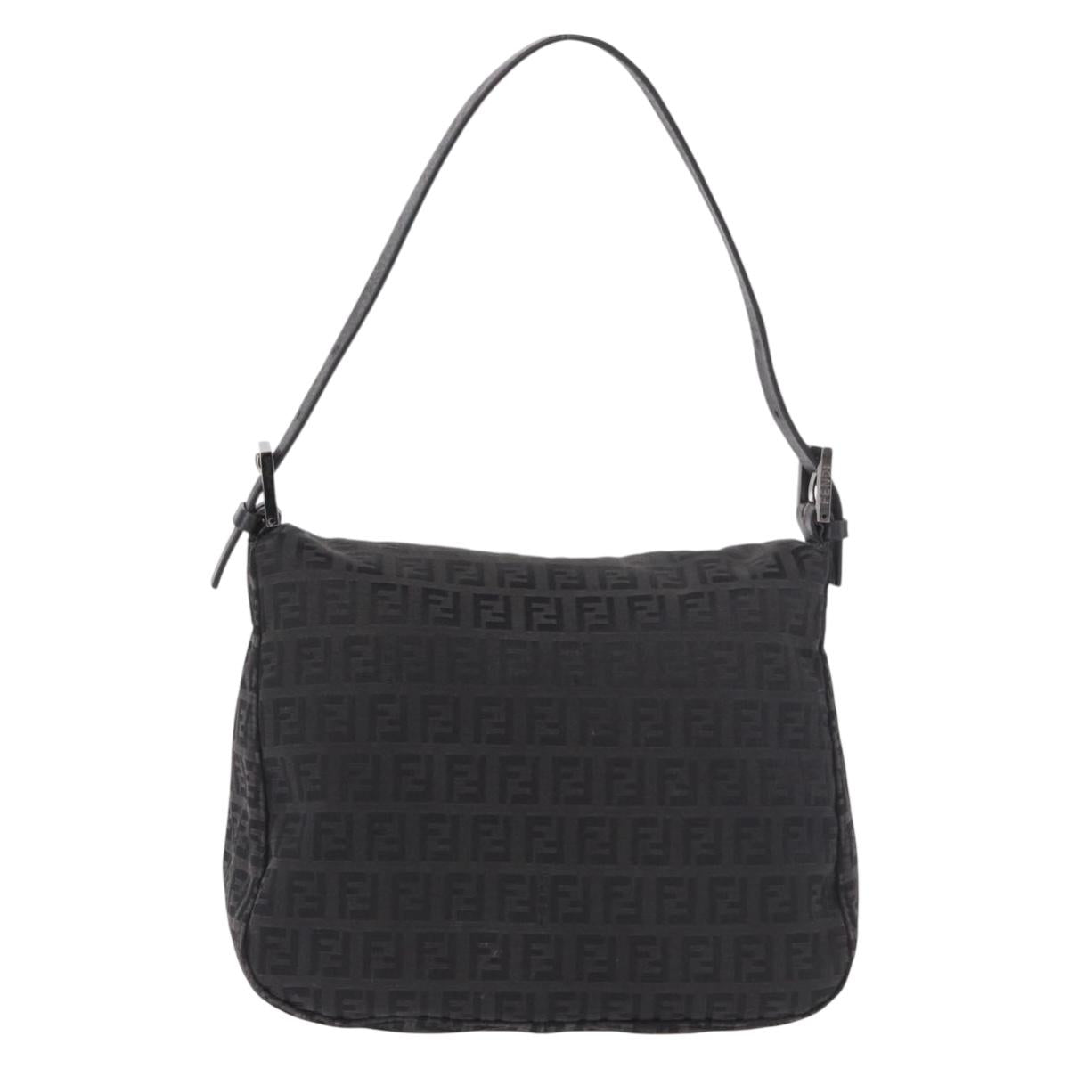 FENDI Zucchino Canvas Mamma Baguette Shoulder Bag Black Silver Auth 186623A