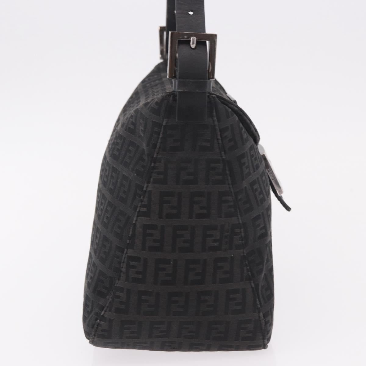 FENDI Zucchino Canvas Mamma Baguette Shoulder Bag Black Silver Auth 186623A