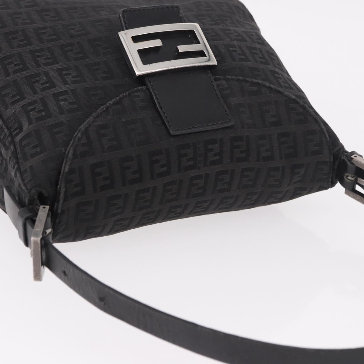 FENDI Zucchino Canvas Mamma Baguette Shoulder Bag Black Silver Auth 186623A