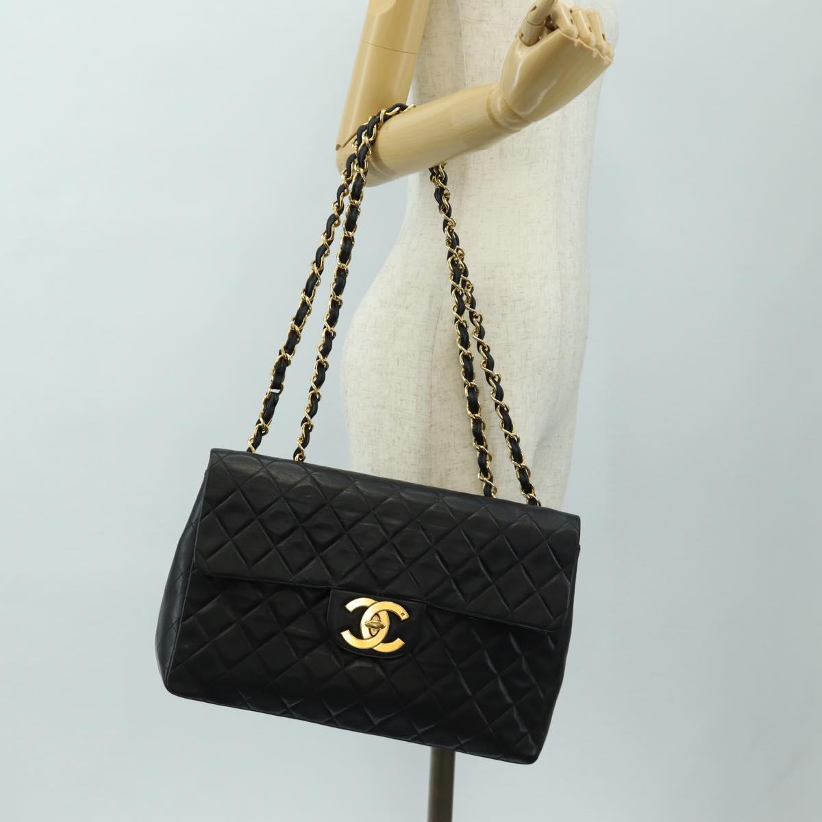 CHANEL Big Matelasse Chain Shoulder Bag Lamb Skin Black Gold CC Auth 186631SAV