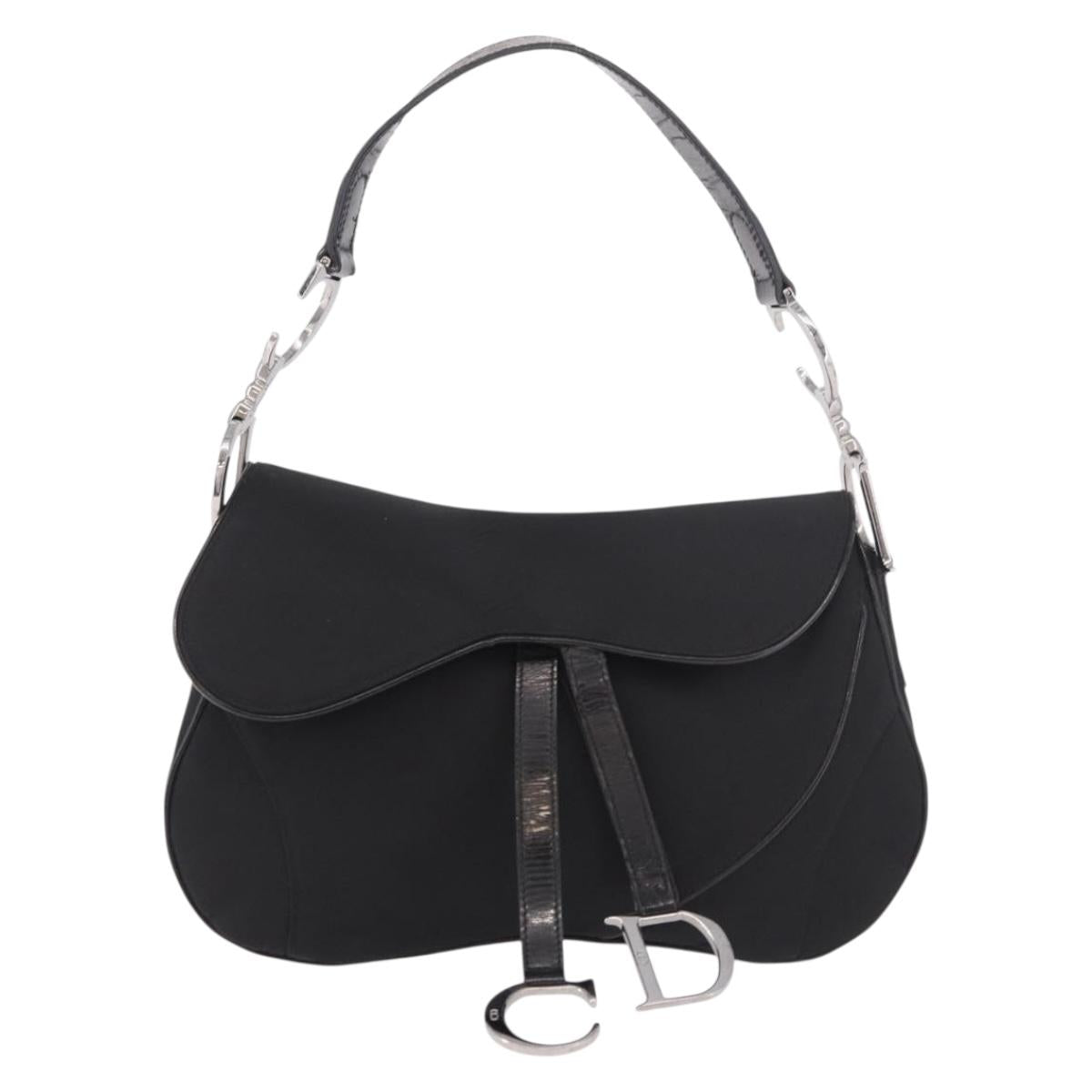 Christian Dior Saddle Shoulder Bag Nylon Black Silver Auth 186635A