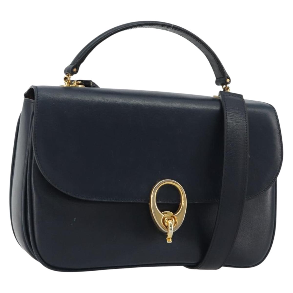 CELINE Hand Bag Leather 2way Navy Gold Auth 186644A