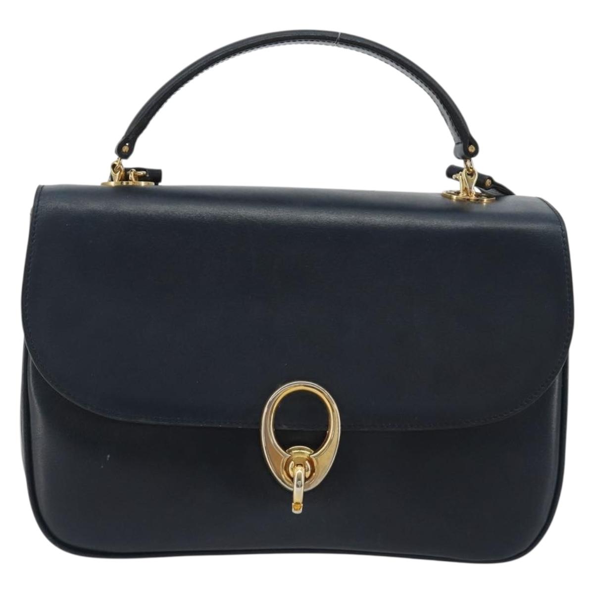 CELINE Hand Bag Leather 2way Navy Gold Auth 186644A