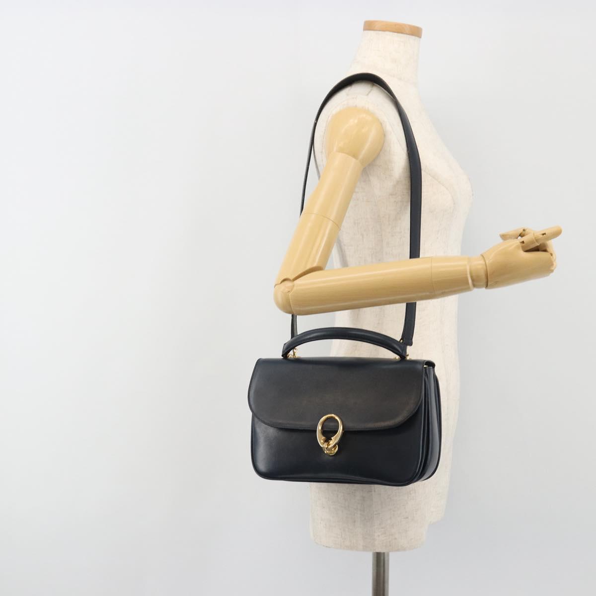 CELINE Hand Bag Leather 2way Navy Gold Auth 186644A