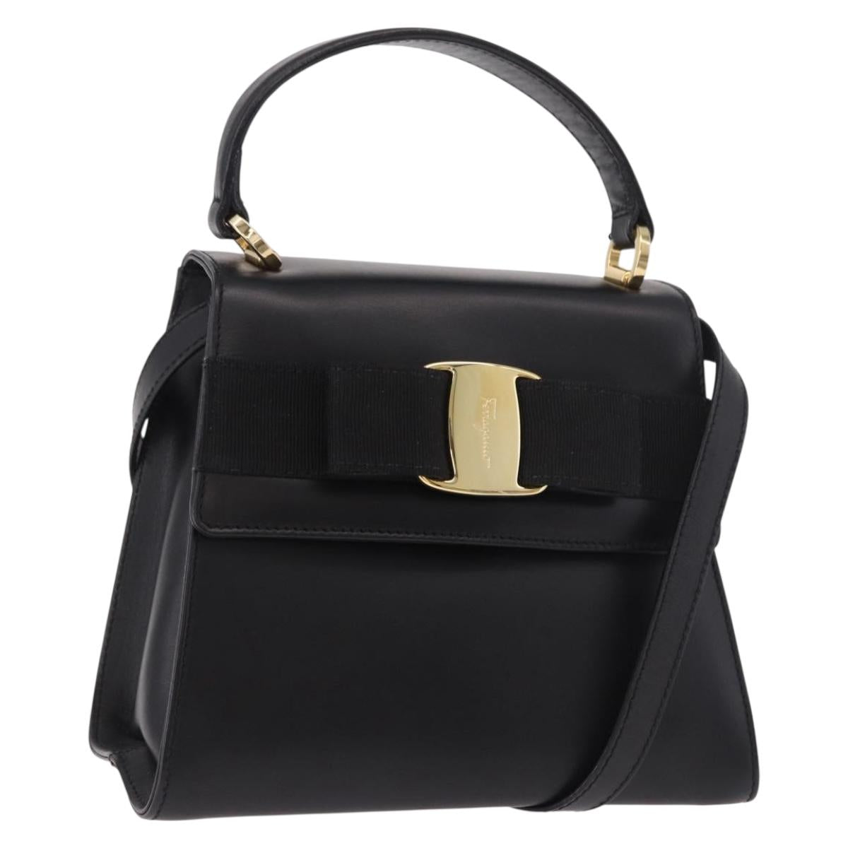 Salvatore Ferragamo Vala Ribbon Hand Bag Leather 2way Black Gold Auth 186645A