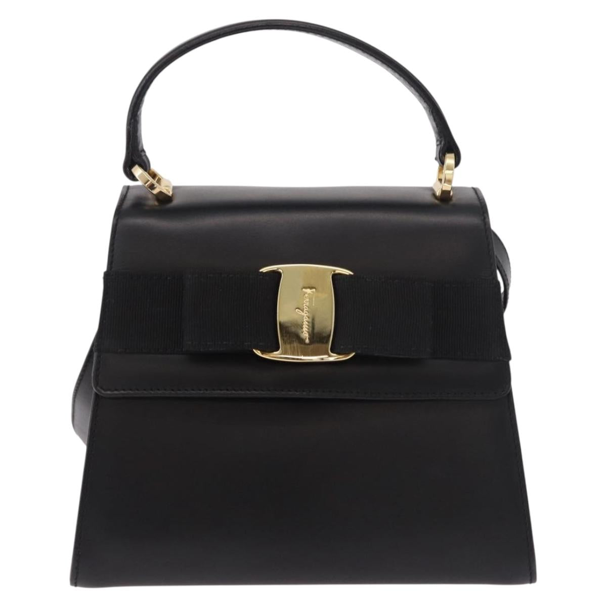 Salvatore Ferragamo Vala Ribbon Hand Bag Leather 2way Black Gold Auth 186645A