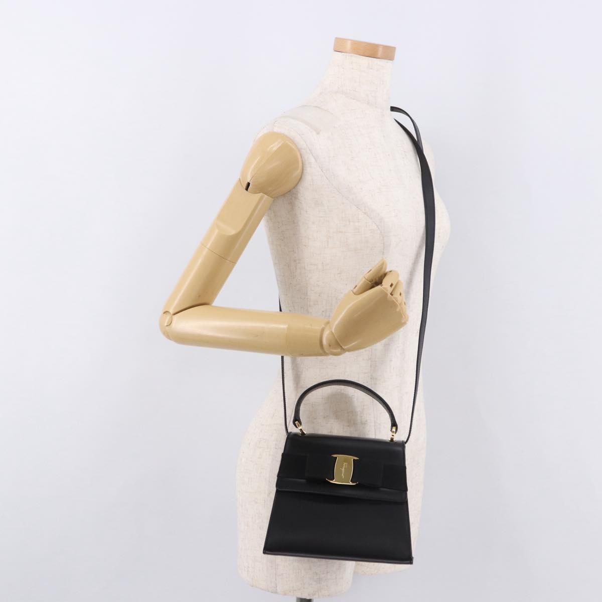 Salvatore Ferragamo Vala Ribbon Hand Bag Leather 2way Black Gold Auth 186645A
