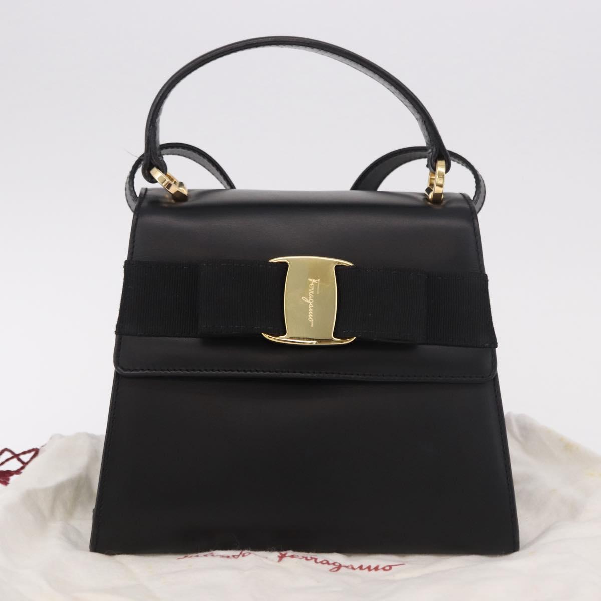 Salvatore Ferragamo Vala Ribbon Hand Bag Leather 2way Black Gold Auth 186645A