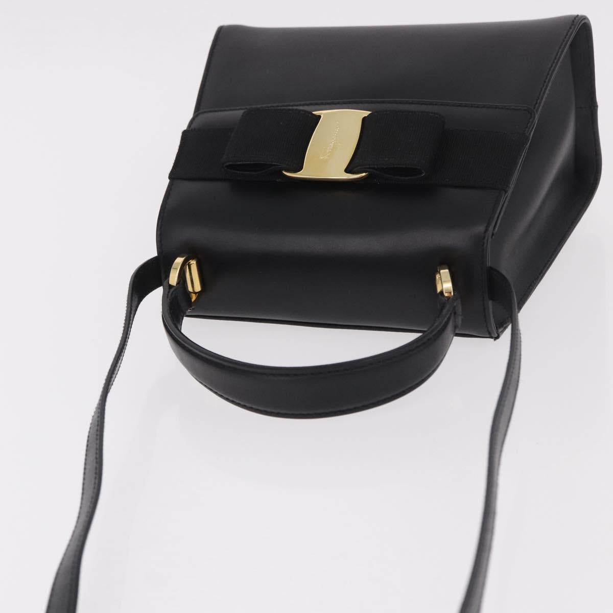 Salvatore Ferragamo Vala Ribbon Hand Bag Leather 2way Black Gold Auth 186645A