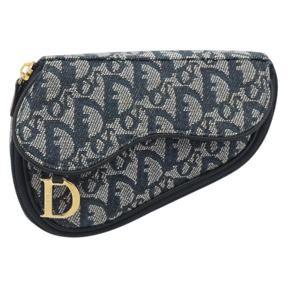 Christian Dior Trotter Canvas Accessory Pouch Navy Gold Auth 186653A
