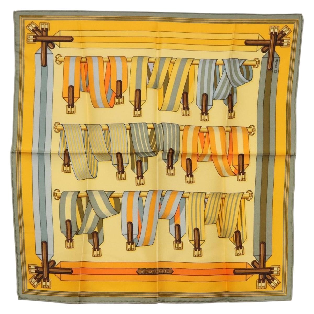HERMES Carre 42 Scarf ""LES SANGLES"" Silk Yellow Auth 186659M