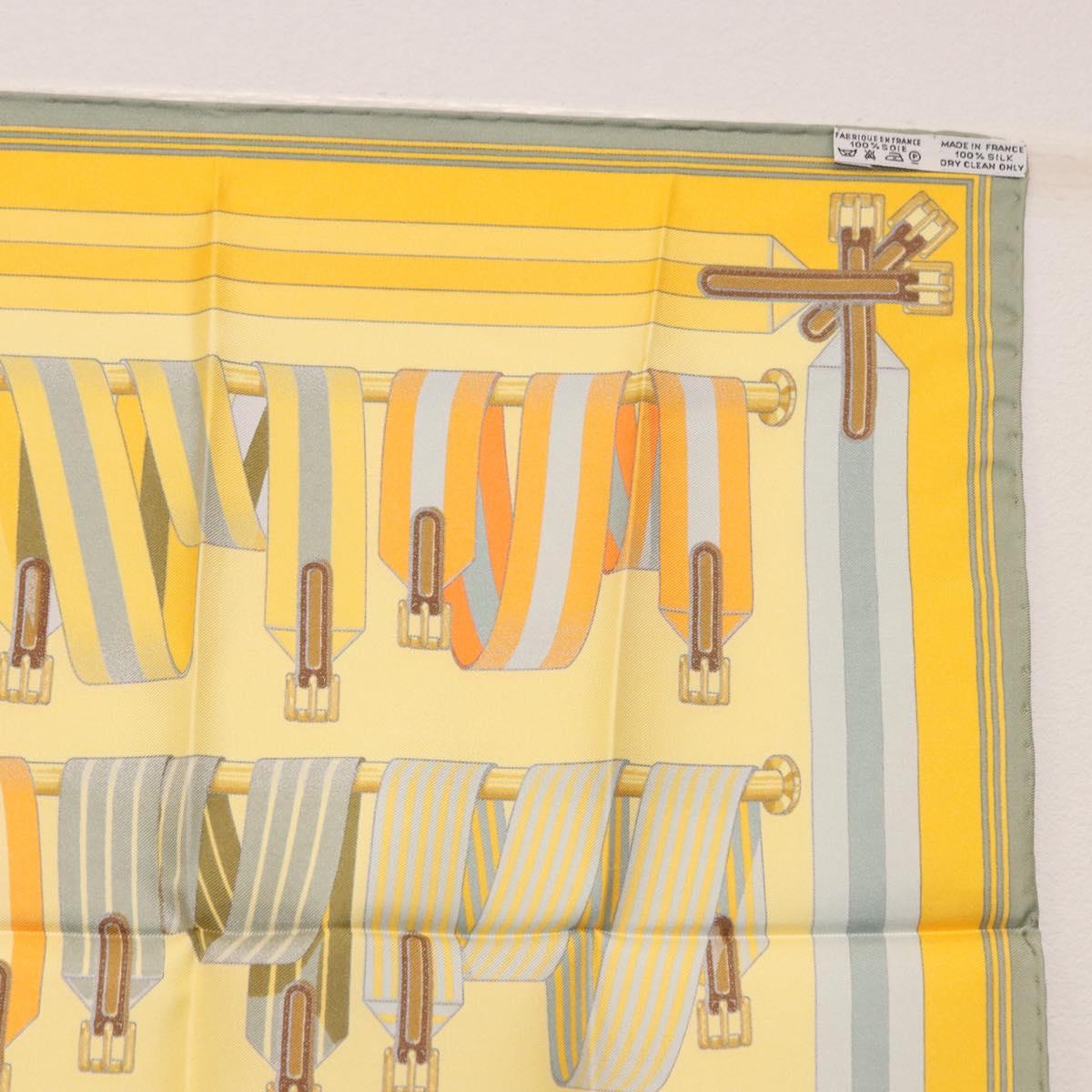 HERMES Carre 42 Scarf ""LES SANGLES"" Silk Yellow Auth 186659M