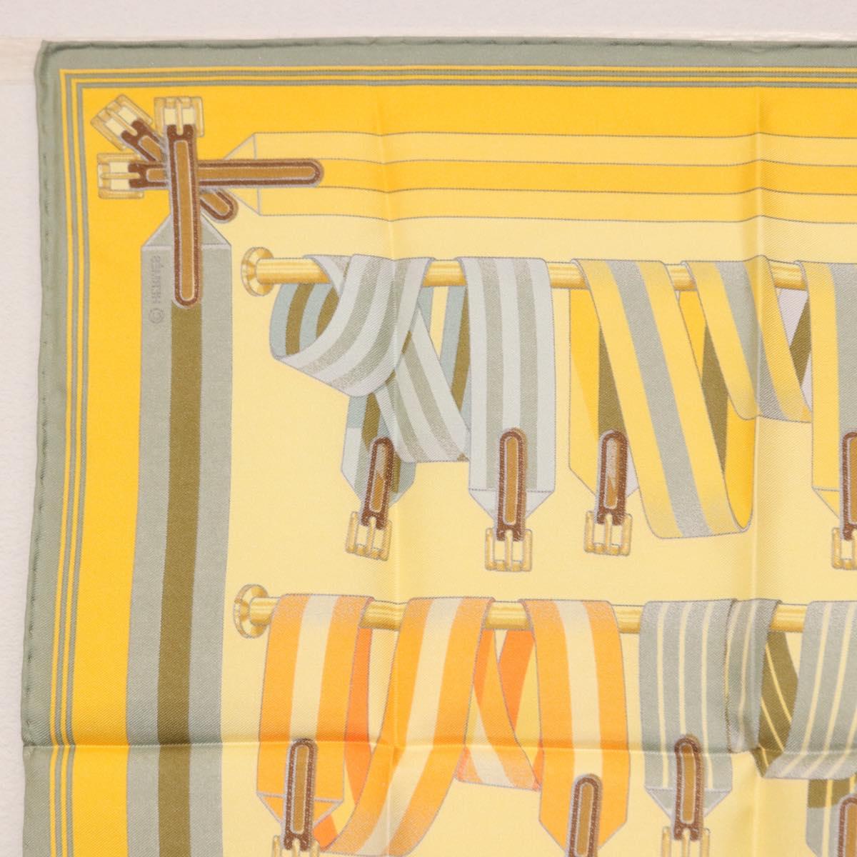 HERMES Carre 42 Scarf ""LES SANGLES"" Silk Yellow Auth 186659M
